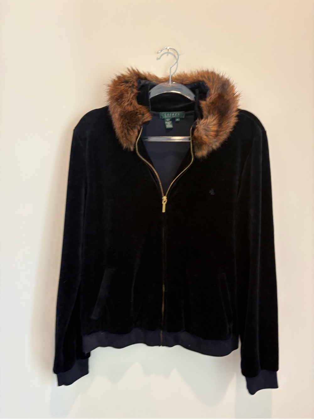 Lauren Ralph Lauren navy Velvet Jacket with Faux Fur Collar